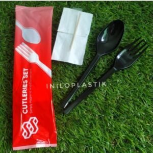 Sendok Set Catering Cutlery Sendok Garpu Tissue Tusuk Gigi Polos-Hitam